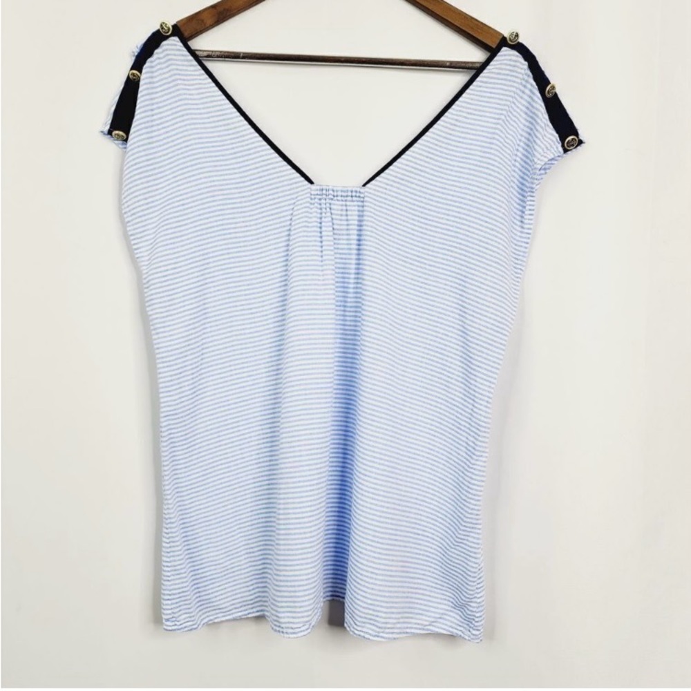 CAbi Womens V-Neck Windward Blue White Striped Blouse Size Large